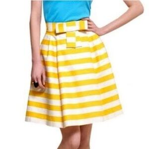 Kate Spade Easton Stripe Yellow White Bow Front Skirt Full A-line Silk Cotton